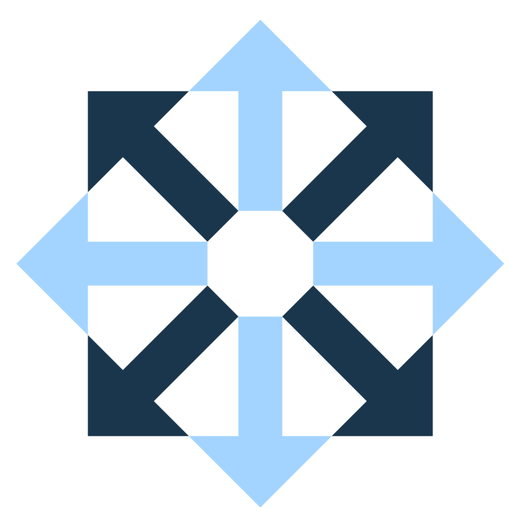 A series of blue and navy arrows pointing outward in a circle shape
