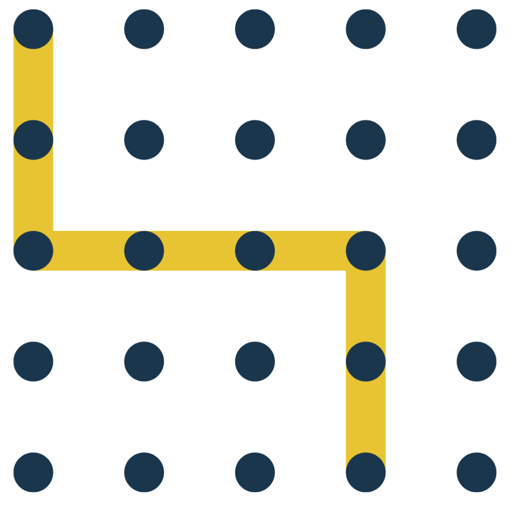 A series of navy dots with a mustard line connecting in a bending shape