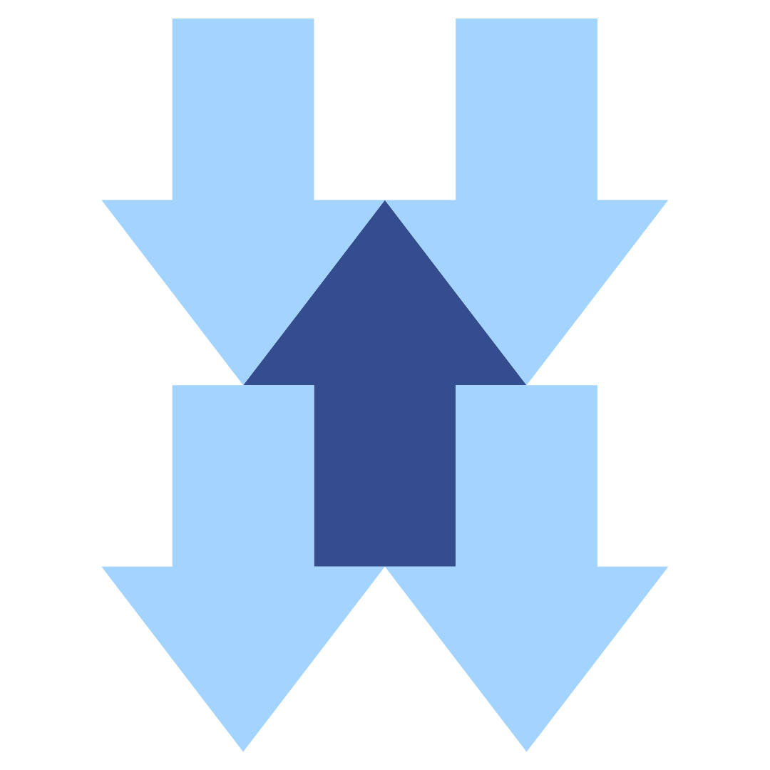 Four light blue arrows pointing down with one navy arrow in the middle pointing up